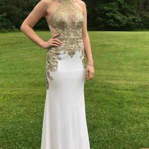 White and gold Camille la vie prom dress